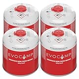 EVOCAMP 4X Propan Butan Gaskartusche 450g, Schraubkartusche Eurogewinde 7/16', Ventilkartusche 800ml mit Sicherheits-Verschlussautomatik, Gas Kartusche einsetzbar für Weber Grills Q100/1200-Serien