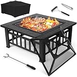 TLSUNNY Feuerschale mit Grillrost, 3 in 1 Feuerstelle mit Funkenschutz, Feuerkorb mit Regenplane,Feuerschalen Quadratisch Außenterrasse, Feuerschale für Garten,Terrasse,Camping,Lagerfeuer Grill, 81cm