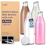 Milchflaschen aus Glas mit Deckel, 1 l, 4 Stück, wiederverwendbare Milchflasche für Getränke, Saucen, Vorratsbehälter und Dekor, auslaufsichere Glasflaschen mit Deckel, Etiketten und Stift (weißer