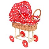 YULKA Puppenwagen aus Naturweide, Handgeflochten, Rotes Sternenmuster, 45x28x50 cm