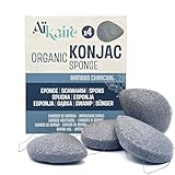 Bio-Konjac-Schwamm für das Gesicht kombiniert mit Aktivkohle | Set mit 4 Schwämmen in Tropfenform | Natürlich reinigender Gemüseschwamm