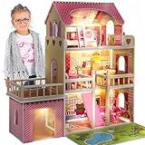 Kinderplay Puppenhaus Holz Gross, Puppenvilla - Barbie Traumvilla, Barbie Puppenhaus, Led - Licht und Zubehör, Set 90 cm Hoch mit Terrasse, Garage, GS0020