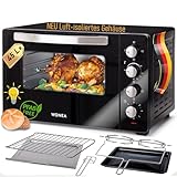 Minibackofen 45 Liter mit Glasfront und 2.000 Watt | Mini Backofen mit Umluft, Drehspieß und Krümelblech | Ober-/Unterhitze | Konvektion | 60 min Timer | Neues luft-isolierten Gehäuse, Mini-Ofen