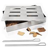 Amazy Edelstahl Räucherbox inkl. Räucherchips + 2 Grillspieße – Die spülmaschinenfeste Smokerbox verleiht jedem Fisch oder Steak das traditionelle American BBQ Raucharoma