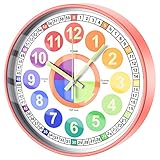 HOSTON Kinder Wanduhr, Lernende Uhr für Kinder Lehrende Uhr, 12 Zoll Jungen Mädchen Leuchtende Wanduhr für Kinderzimmer, Klassenzimmer, Spielzimmer, Schlafzimmer, Schule(Rosa)