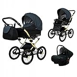 BabyLux® Bambimo Kinderwagen Set 3 in 1 - Margaret Gold - incl. Babywanne, Buggy Sportsitz, Auto-Babyschale - Autositz - Kinderwagenset - Kombikinderwagen mit Wickeltasche, Regenschutz usw.