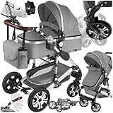 tectake® 2 in 1 Kinderwagen, klappbarer Kinderwagen Buggy mit Liegefunktion, mit Fußsack Kinderwagen, Getränkehalter Kinderwagen, herausnehmbarer Babywanne und Regenschutz Kinderwagen - grau