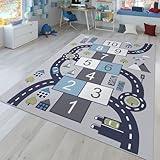 TT Home Kinder-Teppich, Spiel-Teppich Für Kinderzimmer, Hüpfkästchen und Straßen, Grau, Größe:100x200 cm