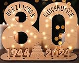 Giftota - 2024 Originelle 80 Geburtstag Geschenk Frauen & Männer - Geldgeschenke Geburtstag 80 mit LED Lichterkette Ständer - Holz-Schild Gästebuch - 80 Geburtstag Deko - Personalisierbares Geschenk