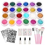 Glitzer Tattoo Set Kinder, Temporäre Glitzertattoos Kinder Set, 24 Farben Glitter Tattoo, 123 Schablonen, 3 Blätter Glitzersteine Gesicht, 5 Pinsel, 3 Kleber, Glitzer Make Up Kit für Mädchen Jungen