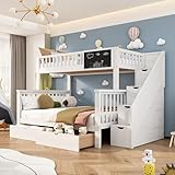 FEZTOY Etagenbett mit 2 Schubladen Kinder Bett mit Treppe, Hochglanz Kinderbetten Funktionsbett Etagenbett Stockbett Kinderhochbett Jugendhochbett, weiß fur 3 Kinder