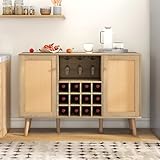 HAINEW Rattan Design Sideboard Weinregal mit 2 Rattan Türen und 12 Fächer Flaschenregal, Beistellschrank Aufbewahrungsschrank mit Verstellbare Trennwände für Wohnzimmer und Esszimmer, 120×40×81,5cm