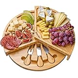 Bambus Käsebrett mit Käsemesser Set – 37cm Rund Servierplatte aus Holz für Käse und Häppchen – Drehplatte Servierbrett aus Holz Käseplatte Drehbar – Cheese Board Charcuterie Board – Geschenke Idee