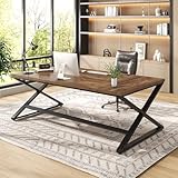 IBF Land Braun Computertisch, Extra Langer Bürotisch aus Holz für Zuhause, industrieller Metall, großer Arbeitstisch, Arbeitszimmer, Schreibtisch, Doppel-Monitor-PC-Arbeitsplatz, Computertisch