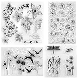 4 Stück Silikonstempel,Silikonstempel Blumen und Blätter Set Clear Stamps Löwenzahn Tiere und Blumen Clear Stamp Set für DIY Bullet Journal Scrapbooking Fotoalbum Geburtstag Stempelset