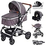 MUWO 3 in 1 Kinderwagen Komplettset inkl. Babywanne, Buggy Sportsitz, Auto Babyschale mit Regenschutz und Moskitonetz, zusammenklappbar (Grau)