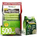 TerraUno - Rasendünger mit Unkrautvernichter I 100 Tage Langzeitwirkung I 10 kg für 500 m² I Rasendünger Sommer I Rasenunkrautvernichter und Düngung für saftiges Grün I mit 1 kg Nachsaat