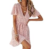 Yeeteepot Damen Sommerkleid Blumen Minikleid Tunika Wickelkleid Rüsche Kurz Knielang Kleider Kurzarm V-Ausschnitt Kleid A-Rosa, EU S = Etikett M