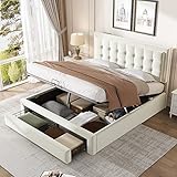 Kehun Polsterbett Doppelbett 140x200 cm, Bett mit Stauraum Kasten und Schubladen, Stauraumbett mit Lattenrost aus Holz, Hydraulisches Metallrahmen Bettgestell, Samt, Beige, Ohne Matratze