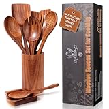 Mooues Kochlöffel Holz Set aus natürliches Teakholz, 9 Stück Küchenhelfer Set mit Halter, Holzlöffel, Pfannenwender, Salatbesteck und weitere Küchenutensilien, Hochwertig und Nachhaltig