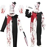 Halloween Kostüm Herren,Terrifier Kostüm, Art Clown Kostüm Erwachsene Horror Schwarz Weiß Clown Jumpsuit Gruselige ClownMaske Handschuhe Gruseliger Overall Outfits Halloween Karneval Cosplay Party