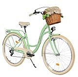 Milord Komfort Fahrrad mit Weidenkorb, Hollandrad, Damenfahrrad, Citybike, Vintage, 28 Zoll, Mintze-Creme, 7-Gang Shimano, Grün Creme, 28 inches