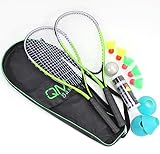 QMBasic SPEED Badminton Set + 5 Speed Balls | BEACH Turbo Federball Schläger Highspeed Erwachsene | mit Spielfeld Begrenzung Hütchen