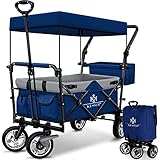 KESSER® Bollerwagen faltbar GT9000 Handwagen mit Dach |Transportwagen 2 X 3-Punkt-Gurtsystem| Vollgummi-Reifen bis 80kg| Vorder & Hinterbremsen klappbar Inkl. Tragetasche| Blau/Grau