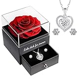 Sunia Ewige Echte Rose mit Herz Halskette und Ohrringe aus 925 Sterlingsilber, Handgemachte Ewige Rose Geschenke für Frauen Mama Oma,Konservierte Rose geben Valentinstag Muttertag,Ewige Rose mit Kette