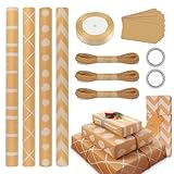 Geschenkpapier Set 4 Rolls 43cm x 3M Kraftpapier Rolle Gift Wrapping Paper Neutral Recyclingpapier mit Etiketten Klebeband Bindfaden Farbband