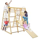 DREAMADE 8 in 1 Kletterdreieck Kletterspielzeug mit Schaukel Leiter Rutsche Kletternetz Turnringe, Spielplatz Indoor Klettergerüst aus Holz zum Rutschen & Klettern für Kinder ab 3 Jahren (Natur)