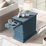 Quarte Stilvoller Retro-Nachttisch mit Ladestation, Beistelltisch mit 1 multifunktionaler Schublade, integrierte Getränkehalter und USB-Anschlüsse, für Wohnzimmer, Schlafzimmer (Antik-Marineblau #S)
