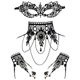 JewelryWe Schmuck 4 PCS Maske Halskette Armbänder Set Schwarz Sexy Venezianische Spitze Augenmaske Choker Kette Halsband Armreifen Damen Maskerade Kostüm für Halloween Karneval Party Cosplay