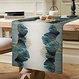 Tischläufer Modern Baumwolle Tischdecke Herbstlich Petrol Blau Grün Gold Ginkgo Biloba Vintage Muster Tischwäsche Hochzeit Tischdeko Landhausstil Table Runner für Urlaub Party Picknick Küche 40x140cm