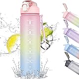 Trinkflasche 1L,Trinkflasche mit Strohhalm und Zeitmarkierung, auslaufsichere Sportflasche mit BPA Frei Deckel für Sport, Fitnessstudio, Büro, Camping, Laufen (rosa Farbverlauf)