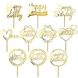 MOGADEE® 10 Stück Goldenes Happy Birthday Tortendeko Set, Acryl Glitter Cupcake Topper, Girlande Herze Sternen Cake Topper, Kuchen Deko für Mädchen, Kinder, Hochzeit, Mutter(Gemischter)