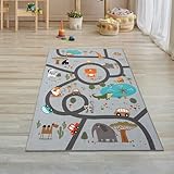 Teppich-Traum Kinderteppich Kinderzimmer Teppich waschbar rutschfest Spielteppich Safari Straßen Autos Tiere Läufer rutschfest grau 80 x 150 cm