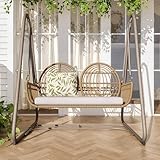 Gartenschaukel, Hollywoodschaukel mit Rückenlehne, Gartenmöbel-Set für den Außenbereich,Doppelschaukel aus PE-Rattan, 2 Sitze, Brauner Sitzrahmen und beiges Kissen