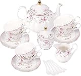 fanquare 21 Stück Porzellan Tee Sets, Teetasse und Untertasse Set, Tee Service für 6 Personen, Hochzeit Teekanne Zucker Schüssel Creme Krug, Blume China Kaffee Set, Rote Rose