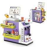 Sotodik 46 Stück Registrierkasse Supermarkt Kasse Elektronische Kasse mit Scanner Registrierkasse Spielkasse mit Lichtern und Sound Rollenspiel für Kinder（Lila