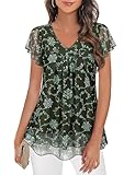 Syphiby Damen-Top, V-Ausschnitt, Rüschen, kurze Ärmel, fließendes Netz-Tunika, Top, lässiges T-Shirt, grün, 42