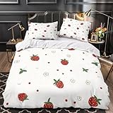 VOXYTMLWG Erdbeermuster 3D Bedruckt Bettdeckenbezug 3teilig Mikrofaser pflegeleicht Niedlicher Cartoon Bettbezug 2 Kissenbezüge Abriebfest Jugendliche Erwachsene Single（140x200cm）