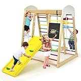 COSTWAY 8 in 1 Klettergerüst Indoor, Kletterspielzeug mit Rutsche Schaukel Krabbelleiter Kletternetz, Kletterdreieck mit Abakus & Zeichentafel, Indoor Spielplatz Holz für Kinder ab 3 Jahren (Bunt)