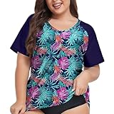 FOREYOND Rashguard-Shirt für Damen, Kurzarm, Badeanzug, Oberteil, UV-Schutzfaktor 50+, Sonnenschutz, Sommer-Bade-Shirts, Übergröße, für den Sommer, Bunte Blätter, X-Large Mehr