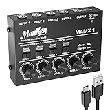 Moukey MAMX1 4 Kanal DJ Mixer Mischpult, Musik Mixer tragbar, Mini Karaoke Mixer, 4 Stereo Mini Audio Mixer für kleine Clubs Bars Gitarre Bass Keyboard und Bühnenmixer, Ultra niedrig Noise