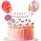 Foshird 17 Stück Tortendeko Mädchen Happy Birthday Cake Topper Geburtstag Torten Deko mit Luftballons Banner Papierfächer Stern Herz Kuchen Deko für Cupcake Geburstagstorte Party