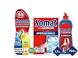 Somat Excellence Duo Power Gel Zitrone, Limette 58 WL & Somat Klarspüler, Extra-Trocken Effekt,Extra-Glanz | 750 ml (1er Pack) & Somat Spezial Salz 1,2Kg