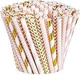 [200er Packung] Pink & Gold Papier Trinkhalme 100% biologisch abbaubare Multi-Pattern Party Strohhalme…