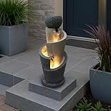 Arnusa Gartenbrunnen mit LED Beleuchtung 66 cm mit Dekobecken Springbrunnen Wasserspiel Zimmerbrunnen für Innen und Außen warmweiß, Grau, Beige