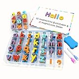 Magnetische Buchstaben und Zahlen für Kinder – Das komplette Set: 182 Buchstaben und 81 Zahlen sowie Symbole – Kühlschrankmagneten – Beinhaltet 2 Boxen, Magnettafel, Stifte und Löschschwamm
